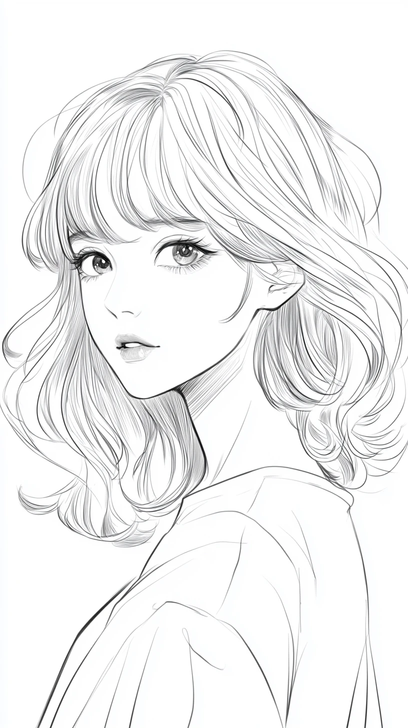 Close up line art portrait of a young girl face