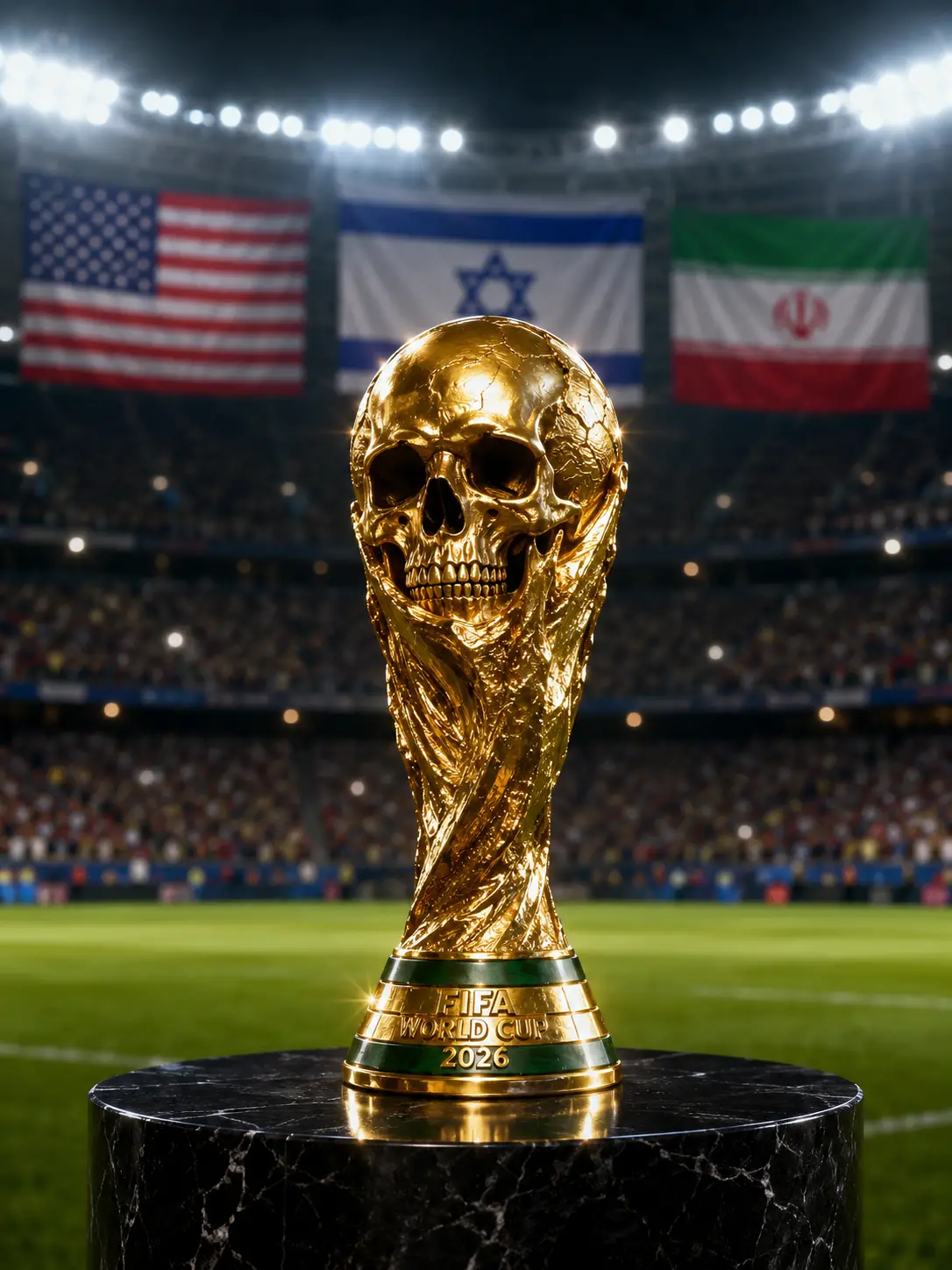 Golden world cup trophy with skull on soccer field