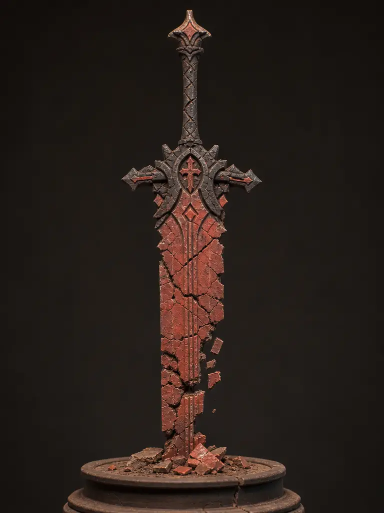 Cracked Clay Sword On Pedestal Under Dramatic Spotlight