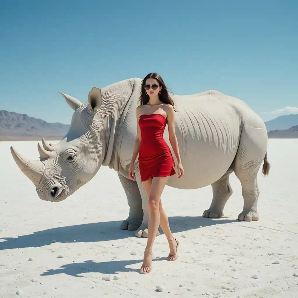 Fashion woman walking beside white rhinoceros in desert