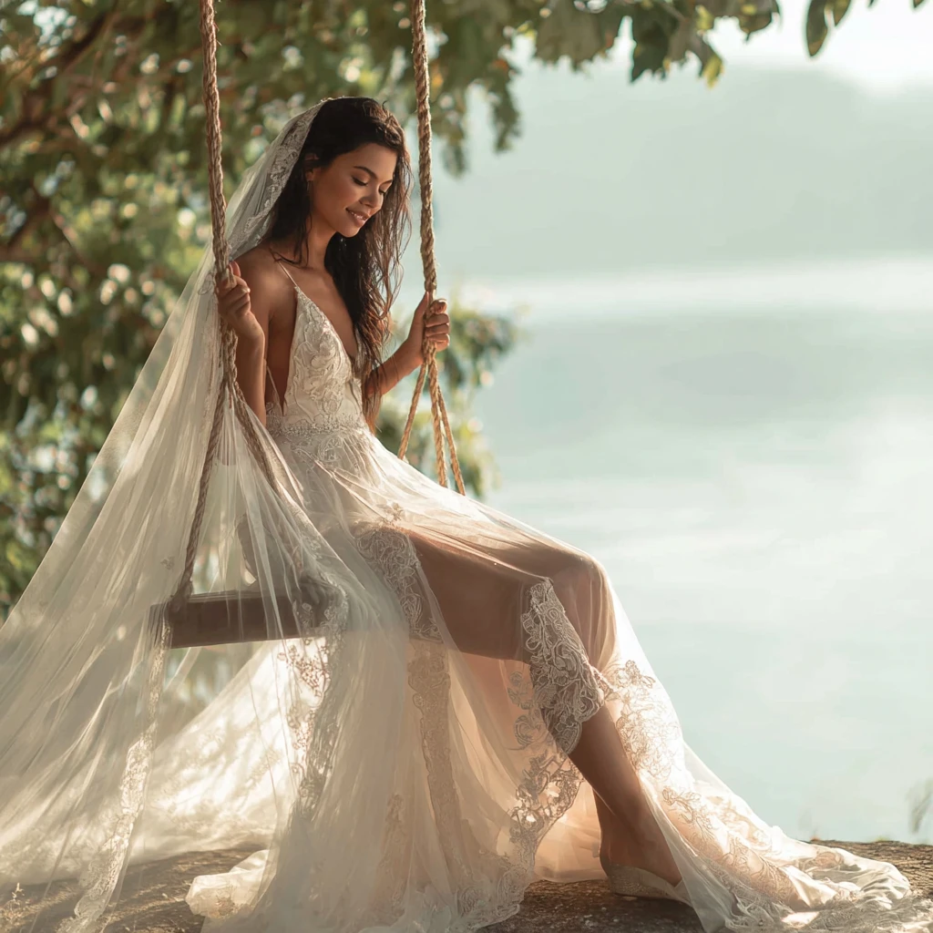 Bride on a wooden swing in a quiet morning park