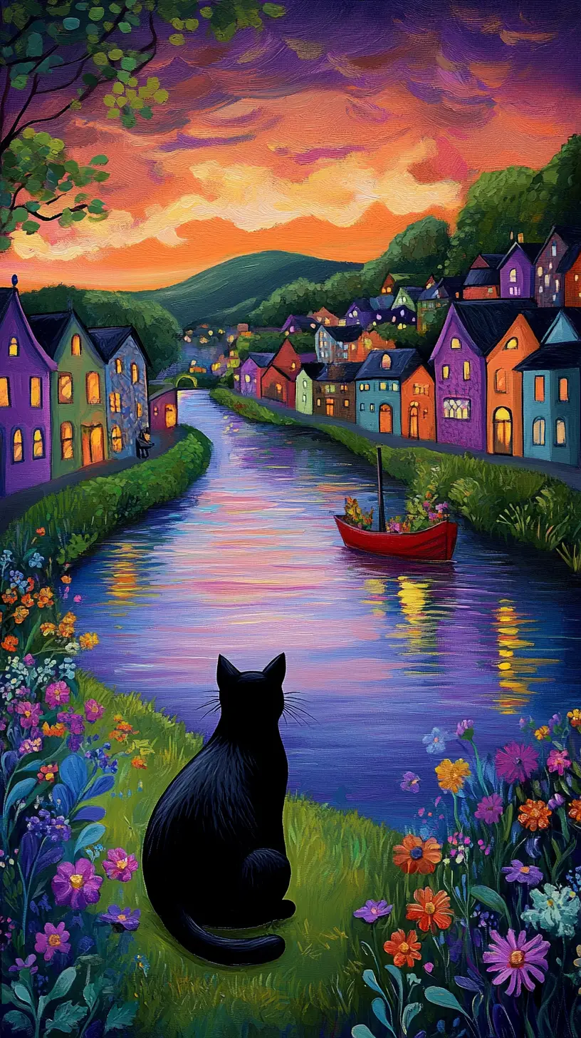 Black cat by a twilight river with colorful houses