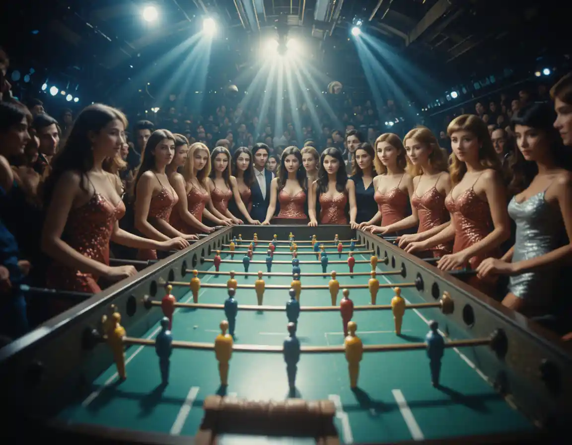 1970s foosball match with glamorous teams and tense crowd