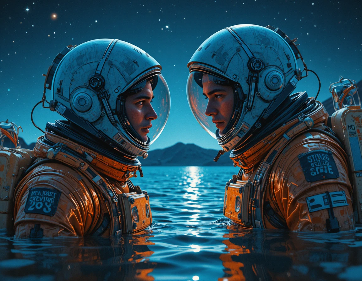 Astronaut Floating In Dark Ocean Under Starry Night Sky