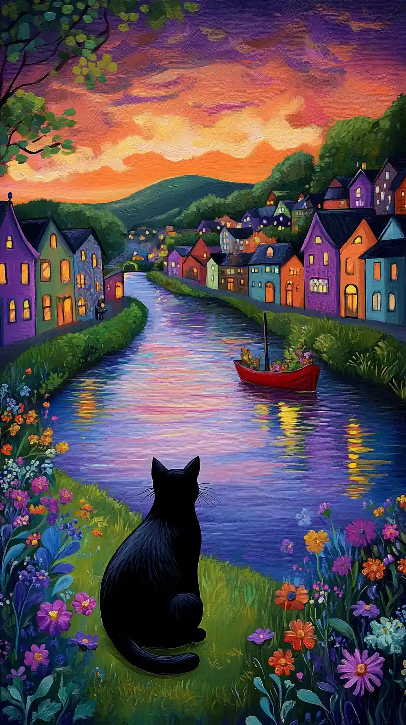 Black cat by a twilight river with colorful houses