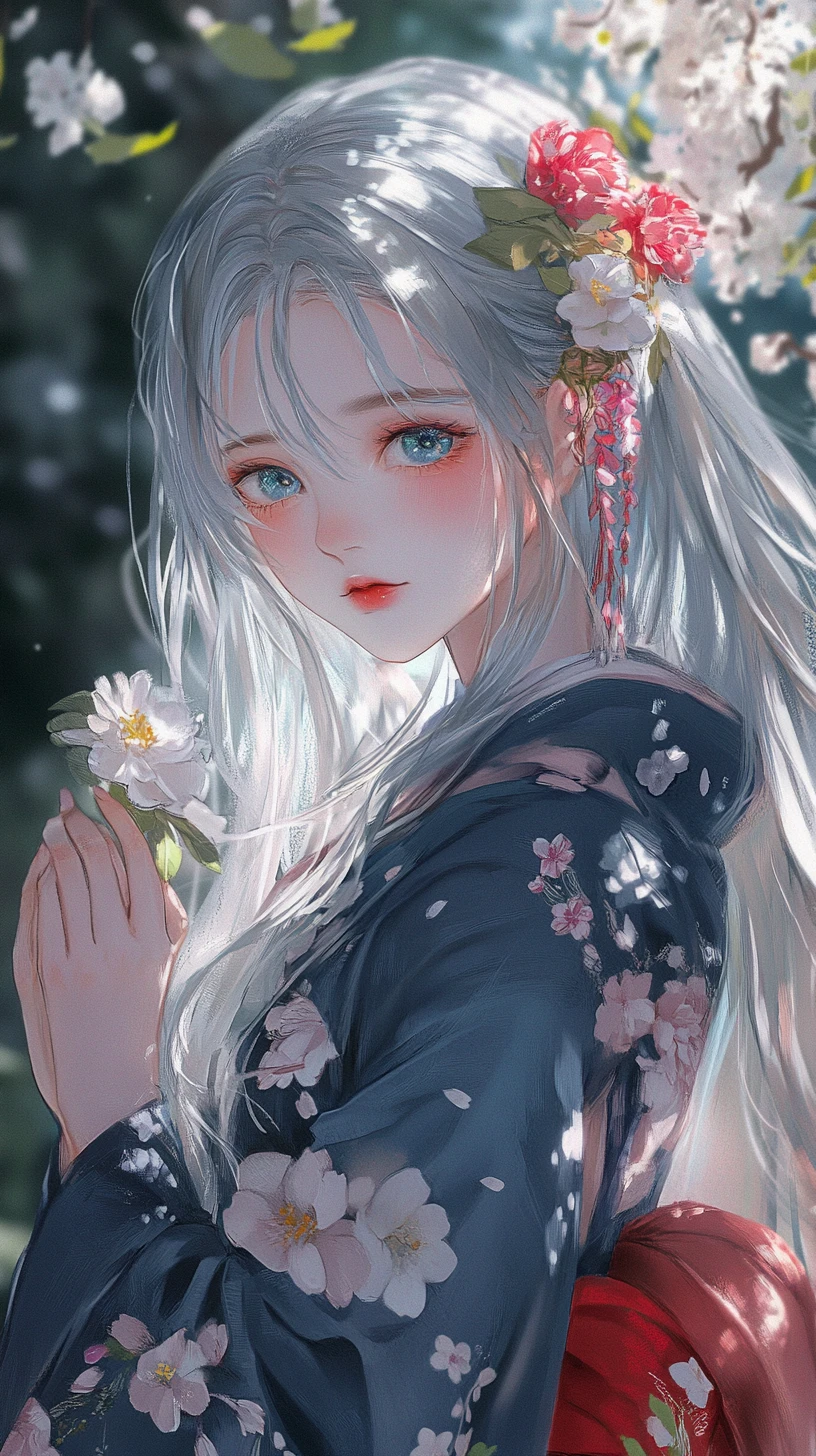Anime girl in floral kimono holding white blossoms