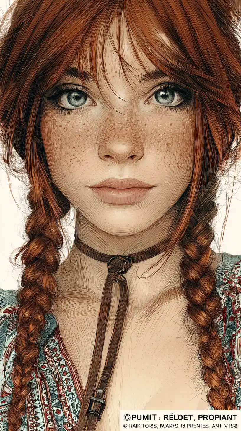 Bohemian girl portrait with braids and freckled expressive gaze