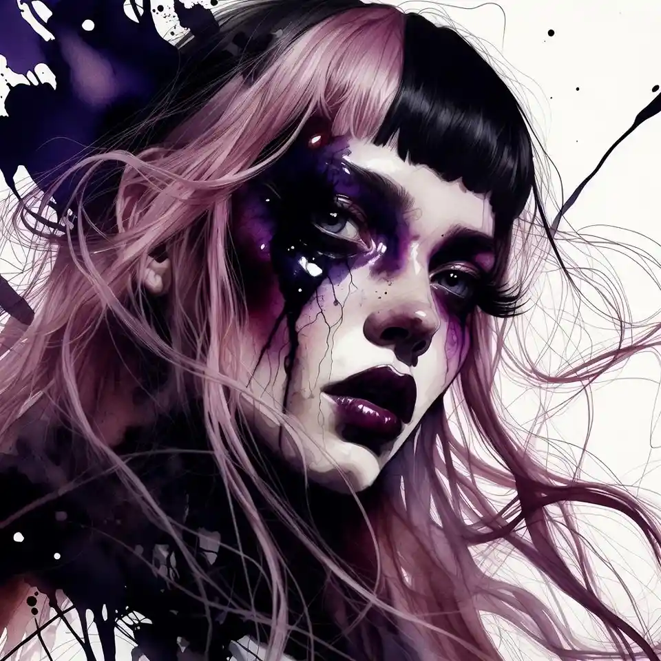 Extreme close up portrait of a goth woman with pink hair