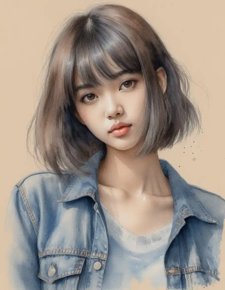 Color pencil portrait of a young Asian woman in denim