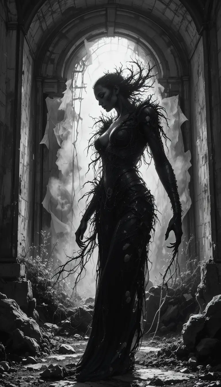 Abstract black and white monster in stark shadowy silhouette