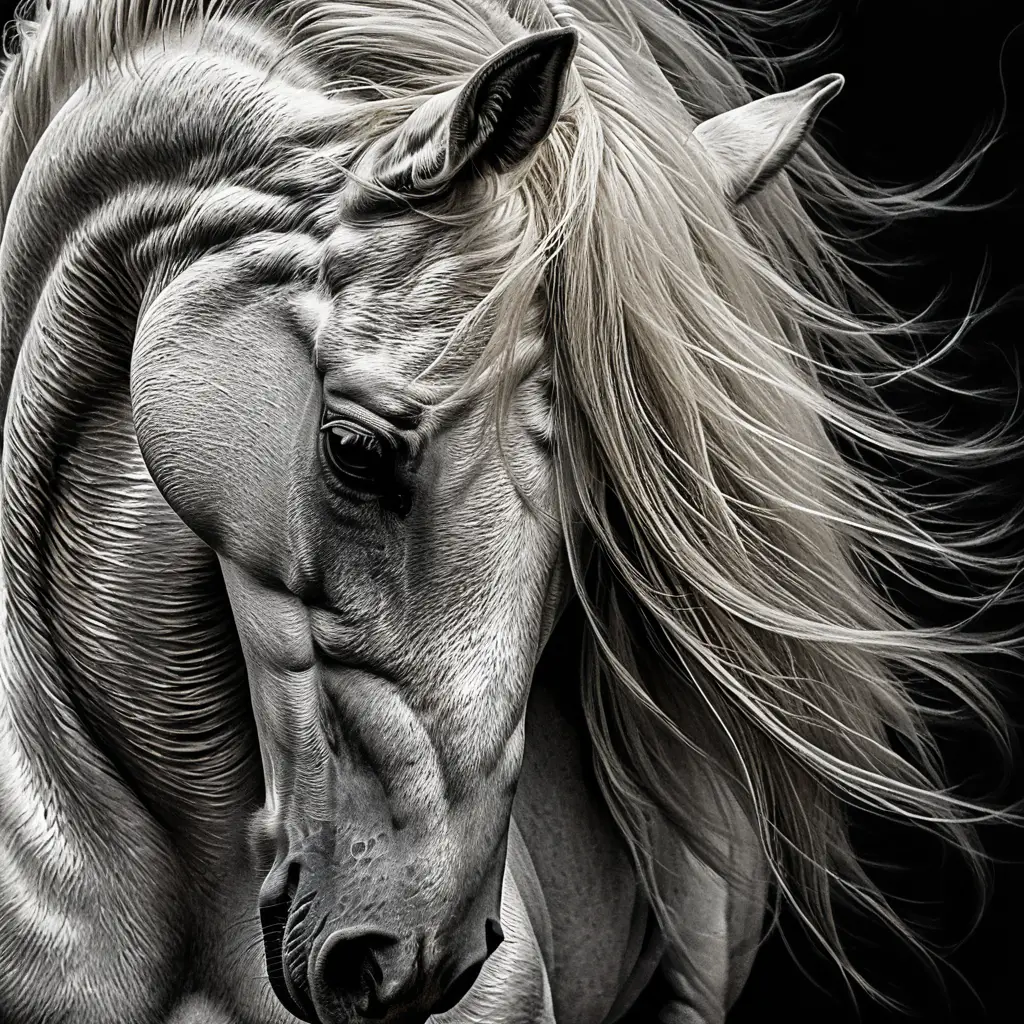 White arabian horse portrait in dramatic scratchboard style