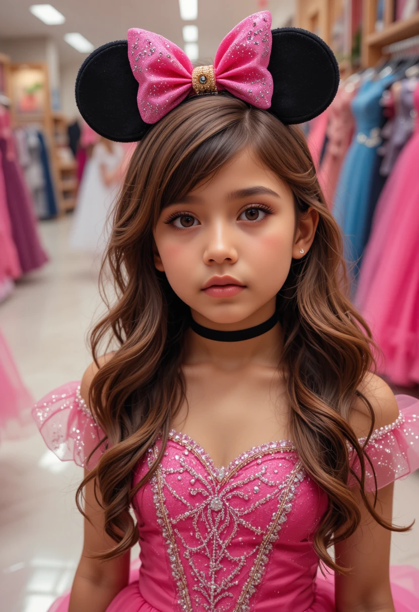 Young princess in pink Minnie dress at boutique