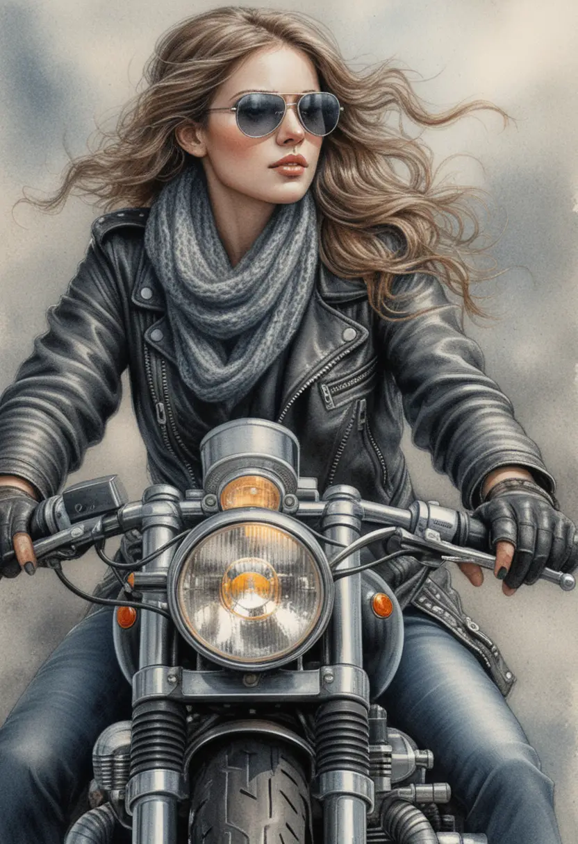 こちらに向かって走るヴィンテージバイクに乗る女性
