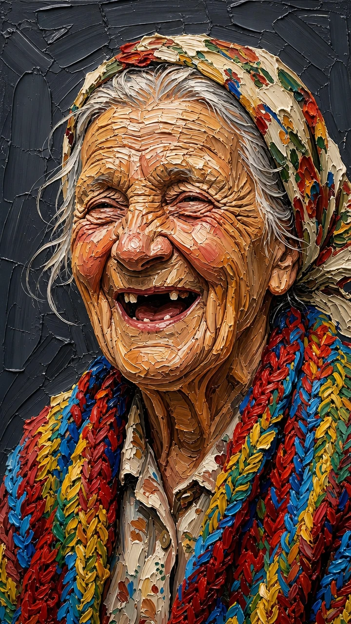 Laughing elderly woman in bright impasto portrait painting