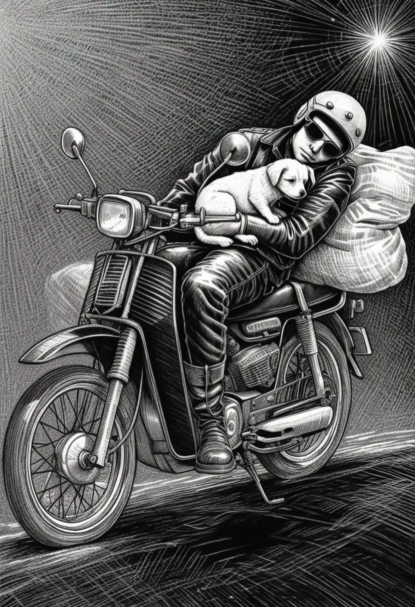 Tired biker sleeping on vintage motorcycle with puppy