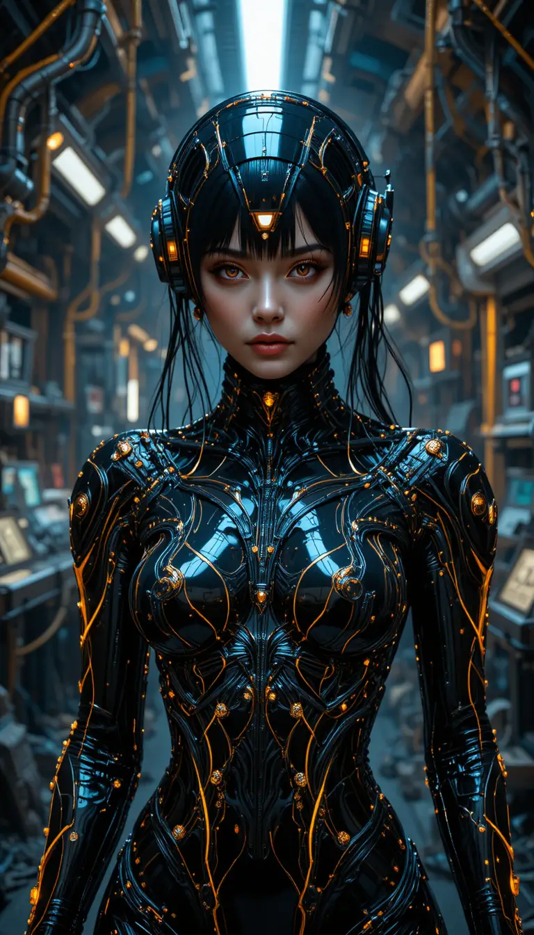 Donna biopunk in tuta di lattice simbiotica tra tubi viventi