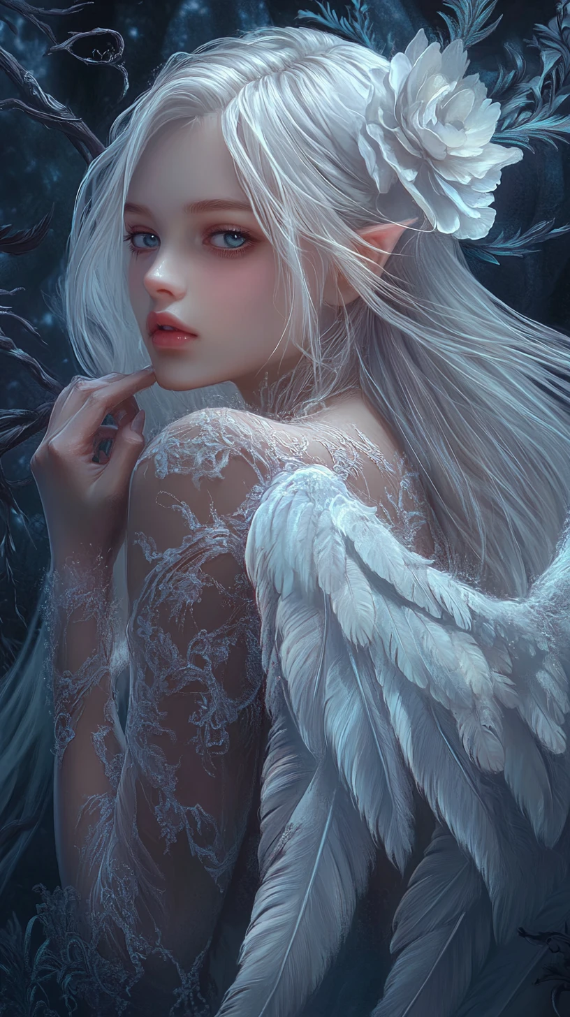 Melancholic Anime Angel With White Hair And Lace Gown