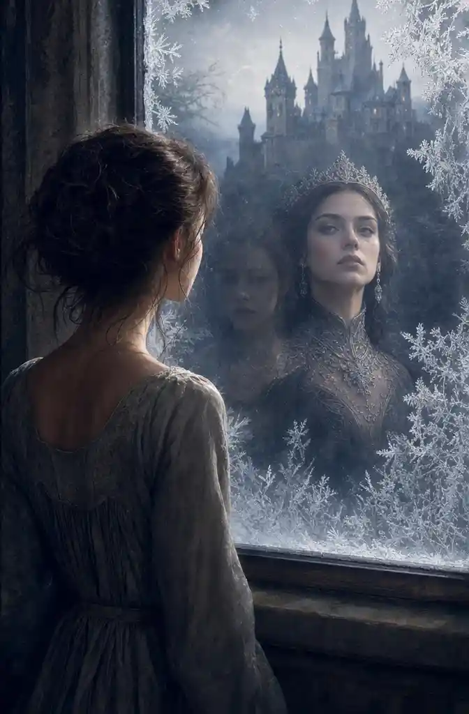 Young woman at frosted window facing distant misty castle