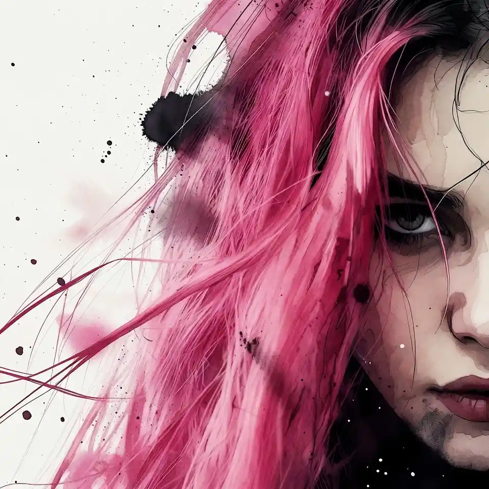 Extreme close up of a pink haired goth rocker girl