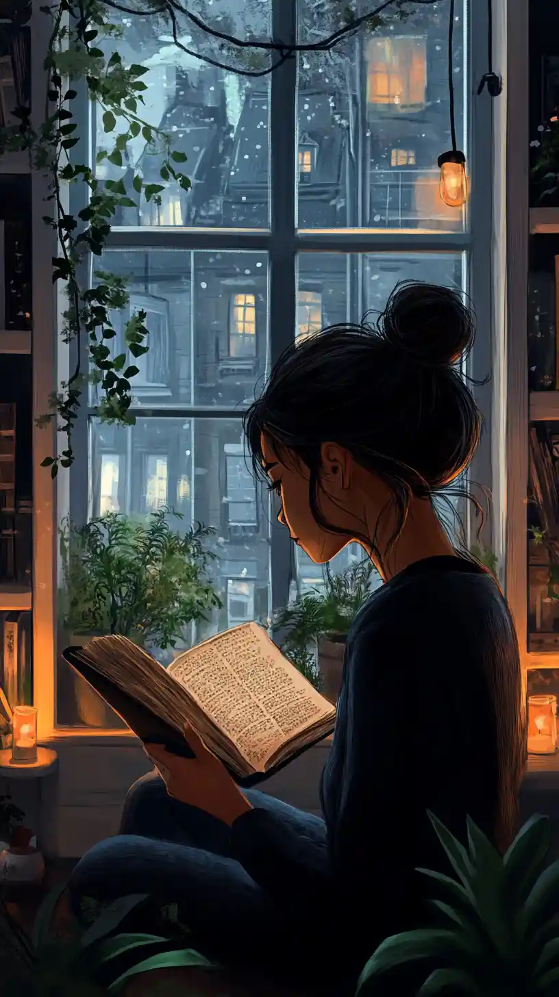 Girl reading by a window in a warm twilight room