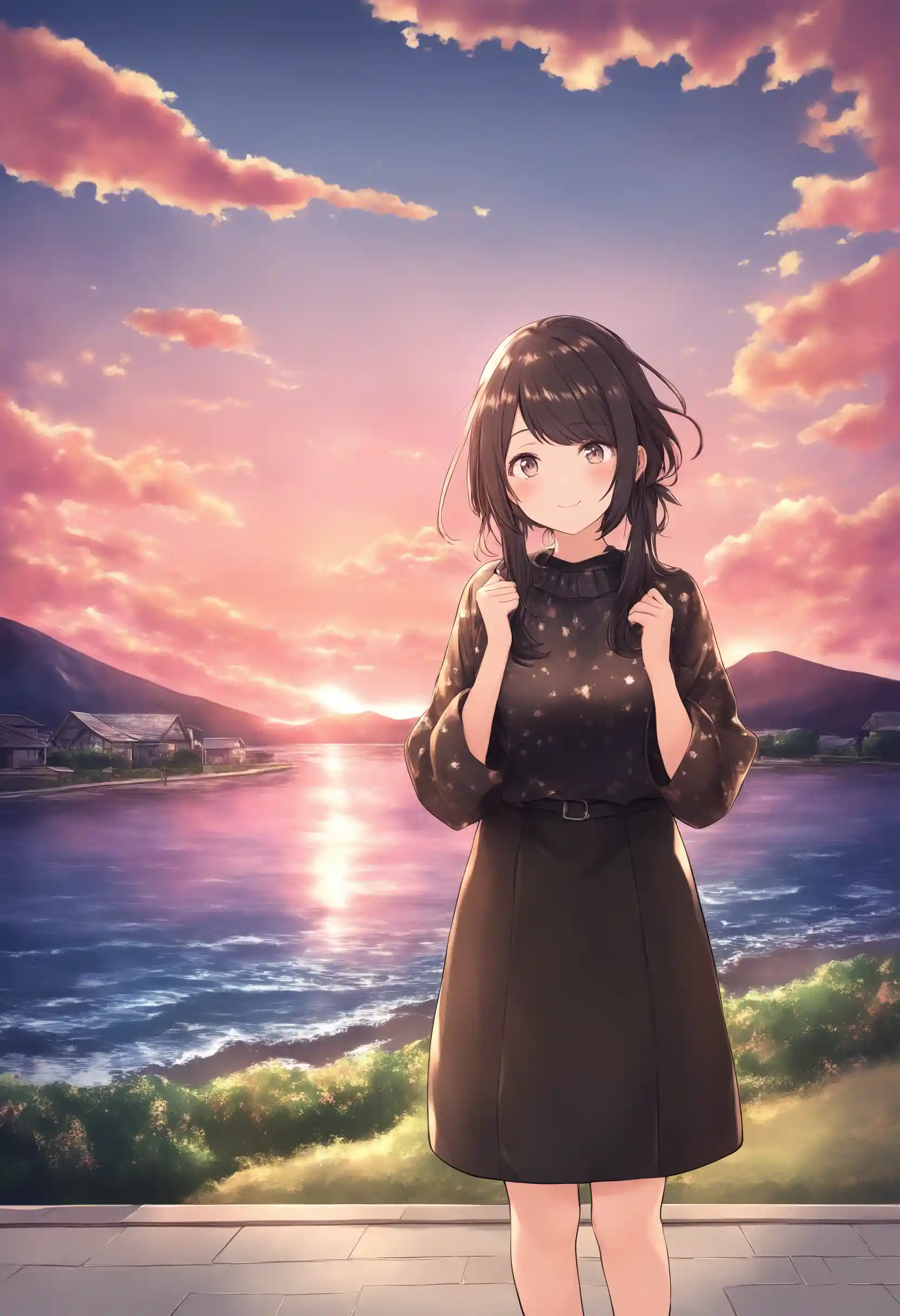 Anime girl standing for a ceremony in front of a house