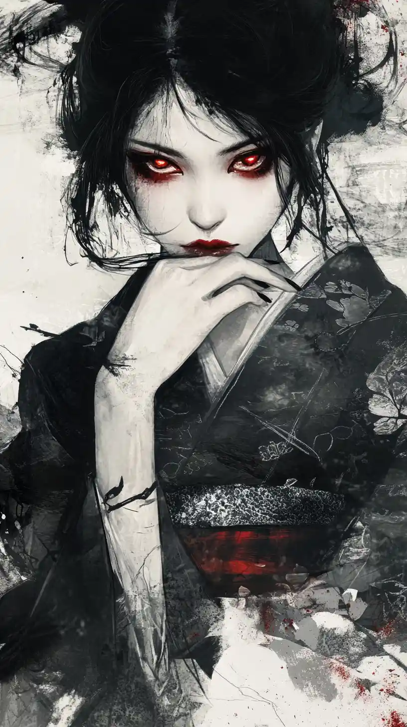 Elegant anime woman in kimono with glowing red eyes