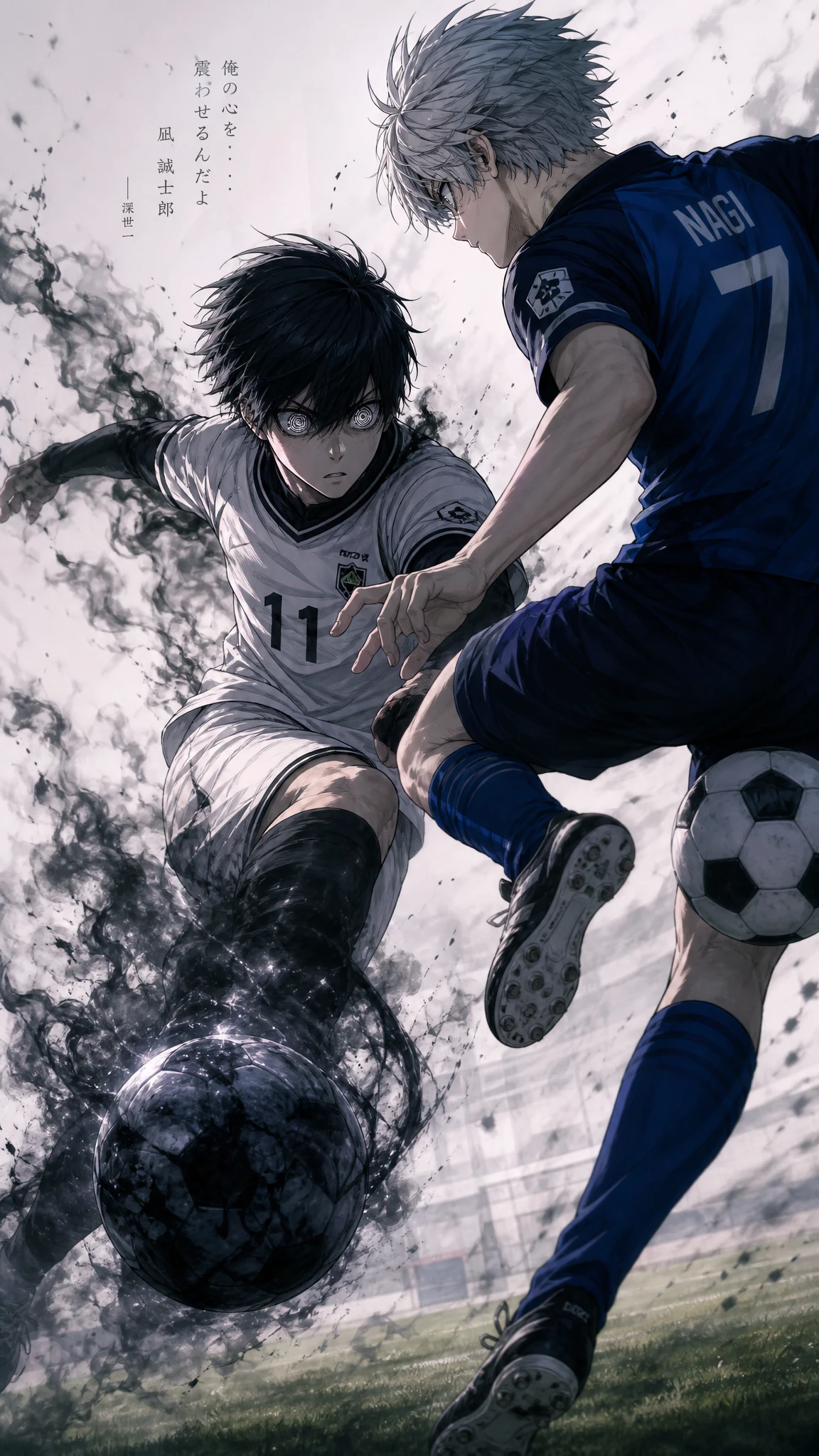 Dark haired anime player leaping to kick a soccer ball