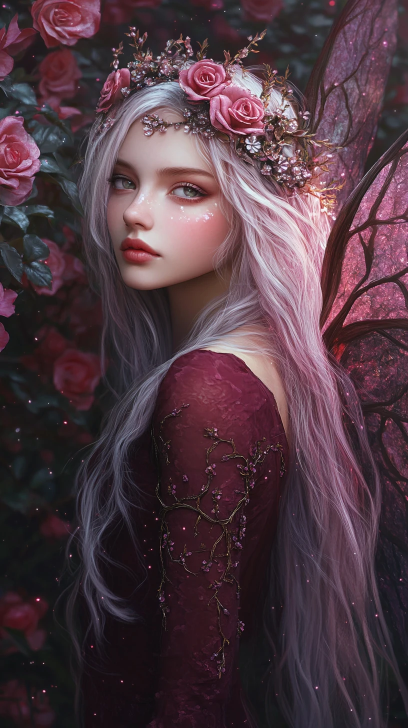 Ethereal fairy queen in a dark rose forest