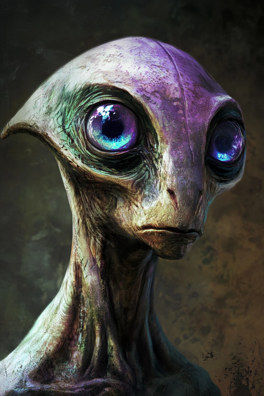 Six eyed alien portrait with glowing blue eyes in shadow