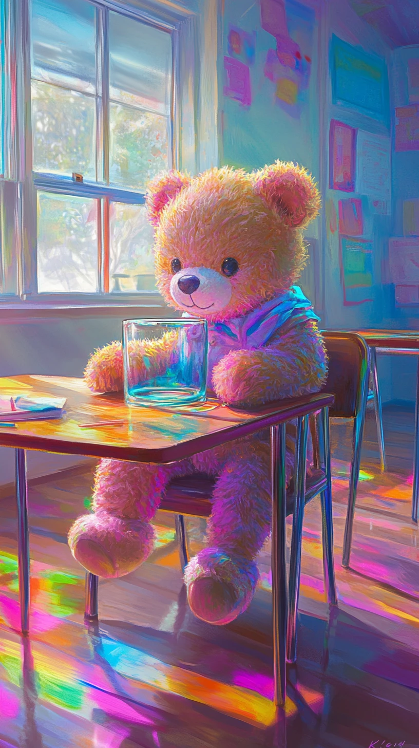 Cute teddy bear with glasses at a colorful school desk