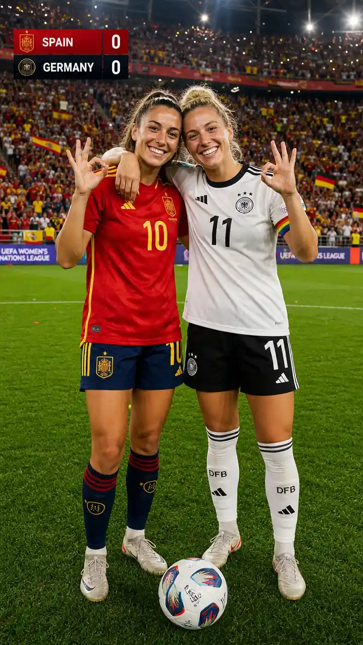 Two smiling women soccer players on a crowded stadium field