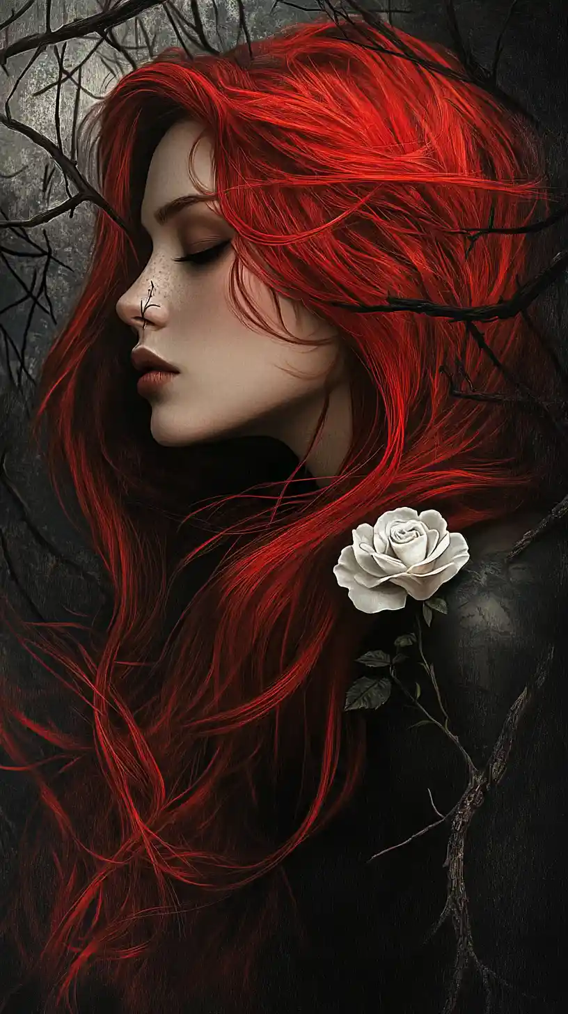 Gothic woman with red hair amid dark tangled branches