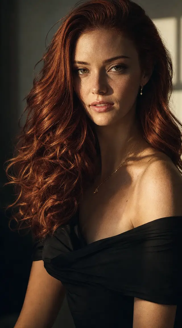 Joven mujer a la luz del sol con cabello rojo ondulante