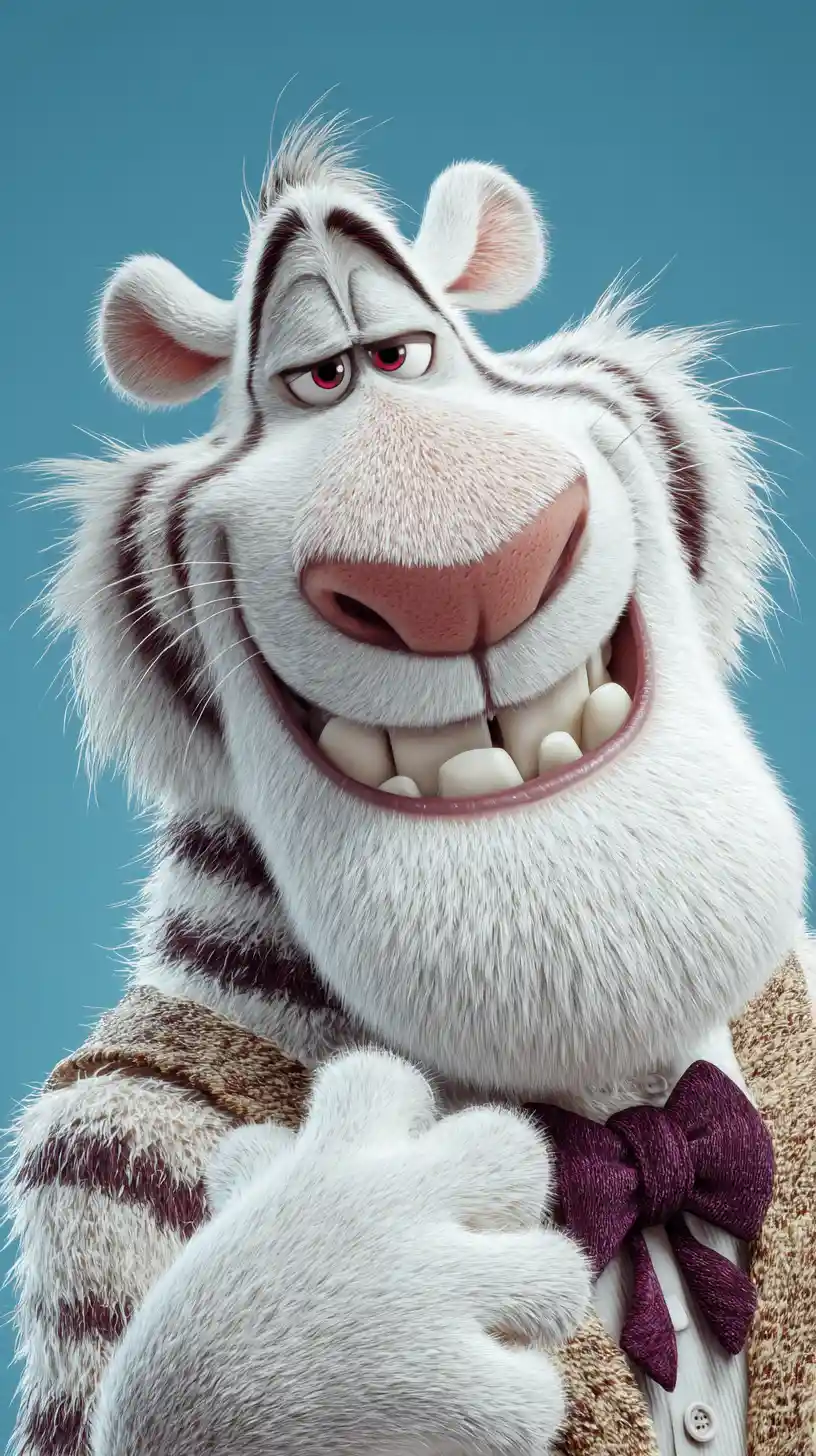 Close up of a mischievous anthropomorphic white tiger grinning