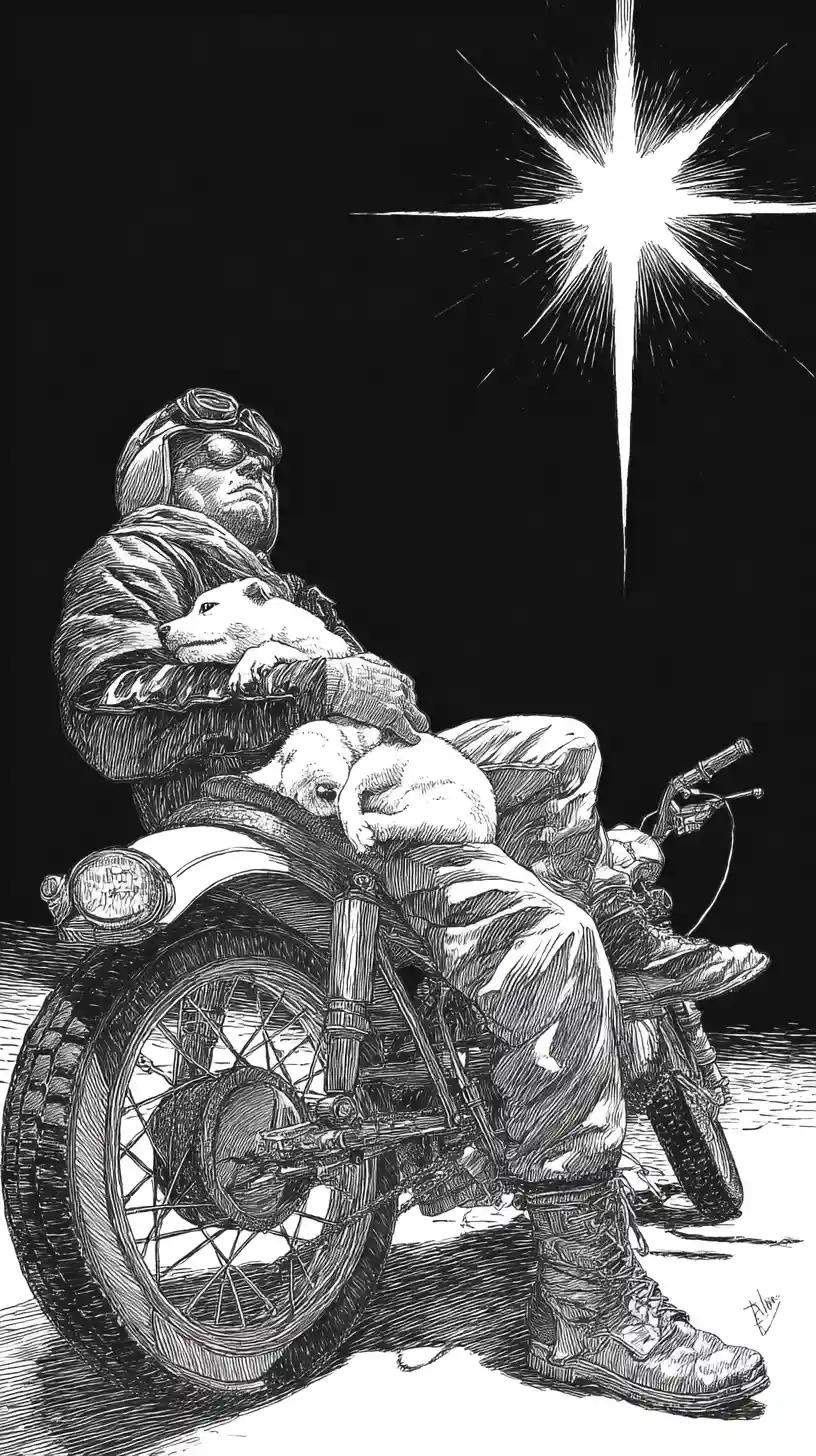 Tired rider sleeping on vintage motorcycle with puppy