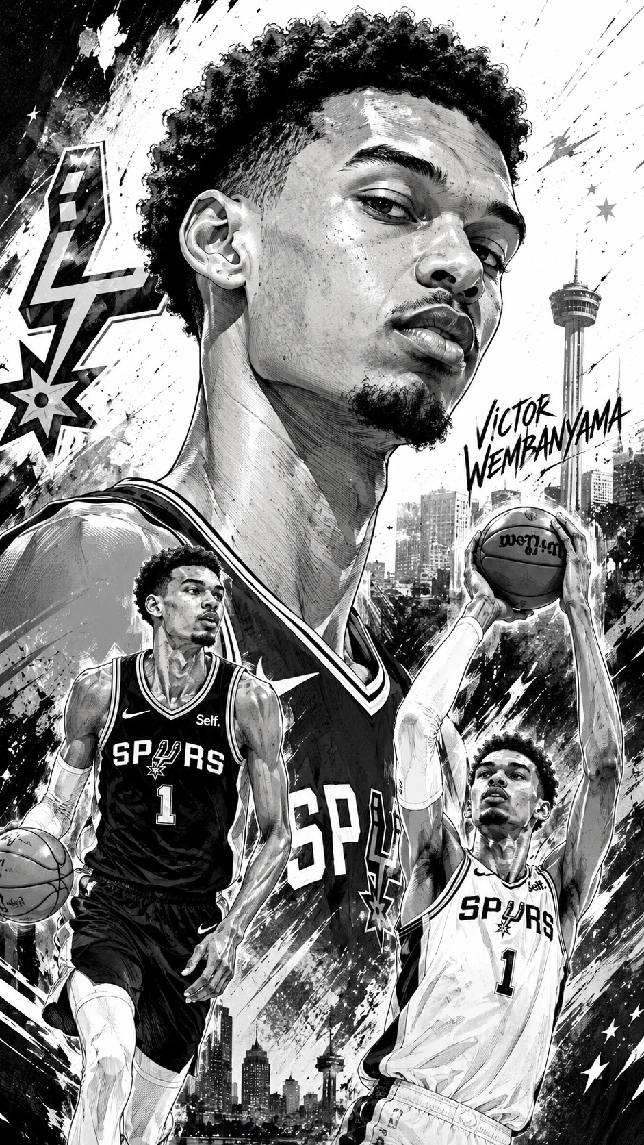 Caricature of a basketball star in bold ink illustration