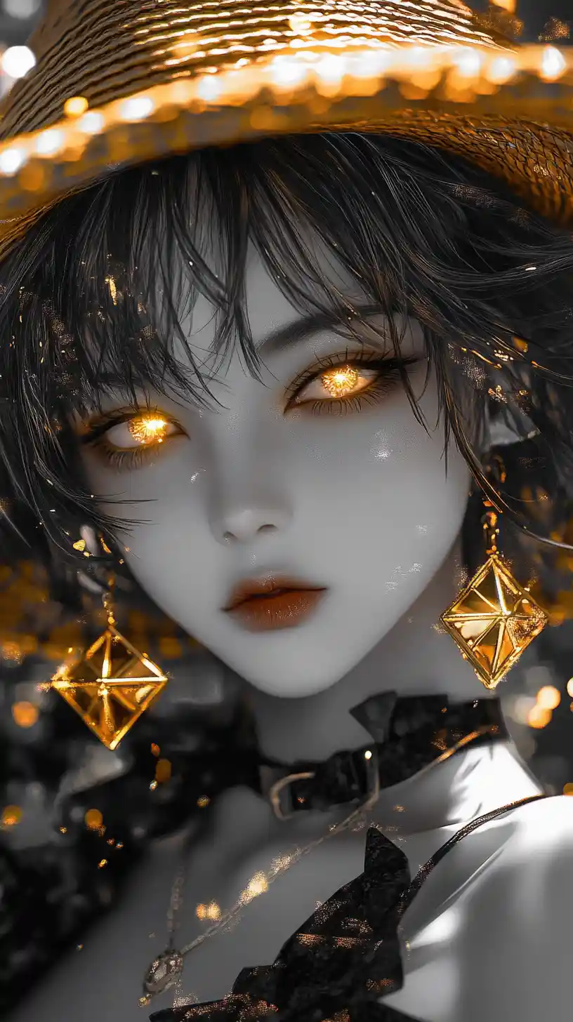 Anime girl portrait with glowing golden eye and straw hat