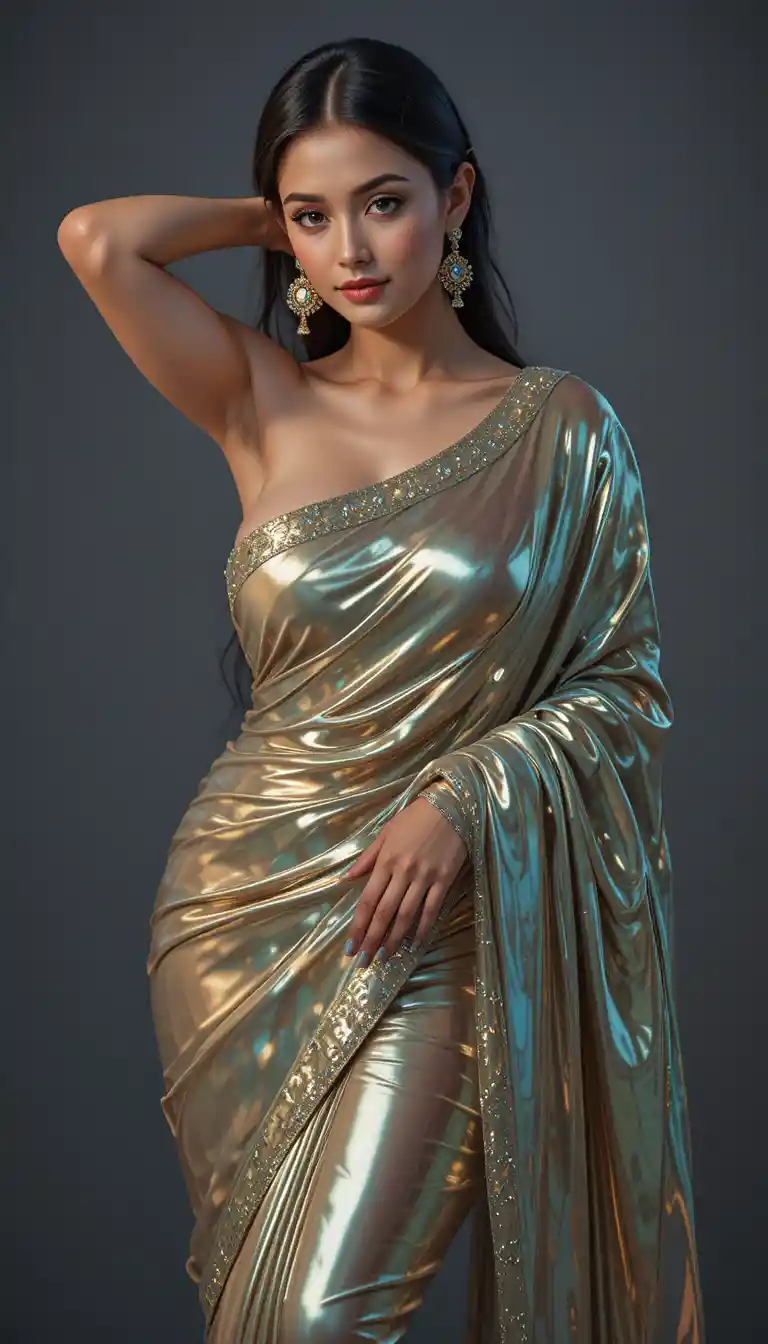 Full body woman in glossy saree with exposed midriff