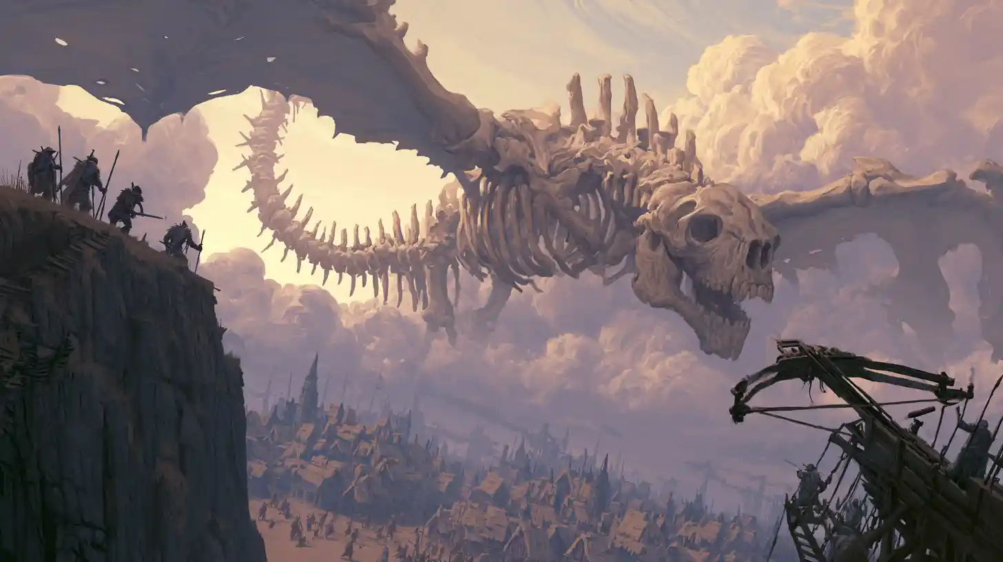 Bone dragon attacking an ancient village in dark fantasy scene