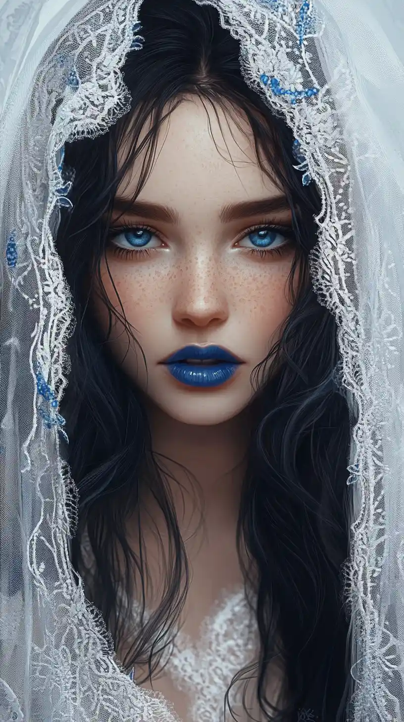 Blue eyed girl portrait with lace veil and dark hair