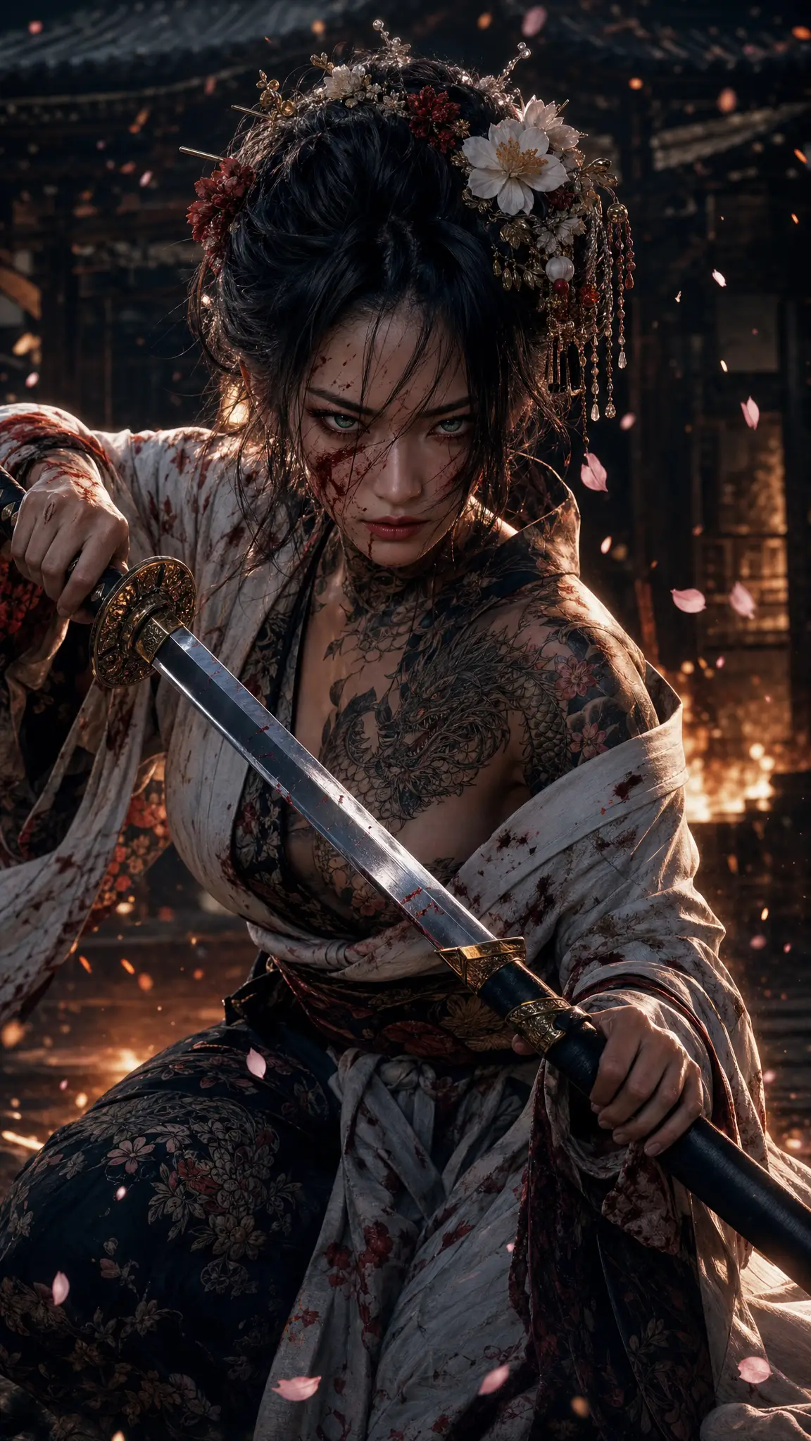 Fierce female samurai drawing her katana amid falling petals