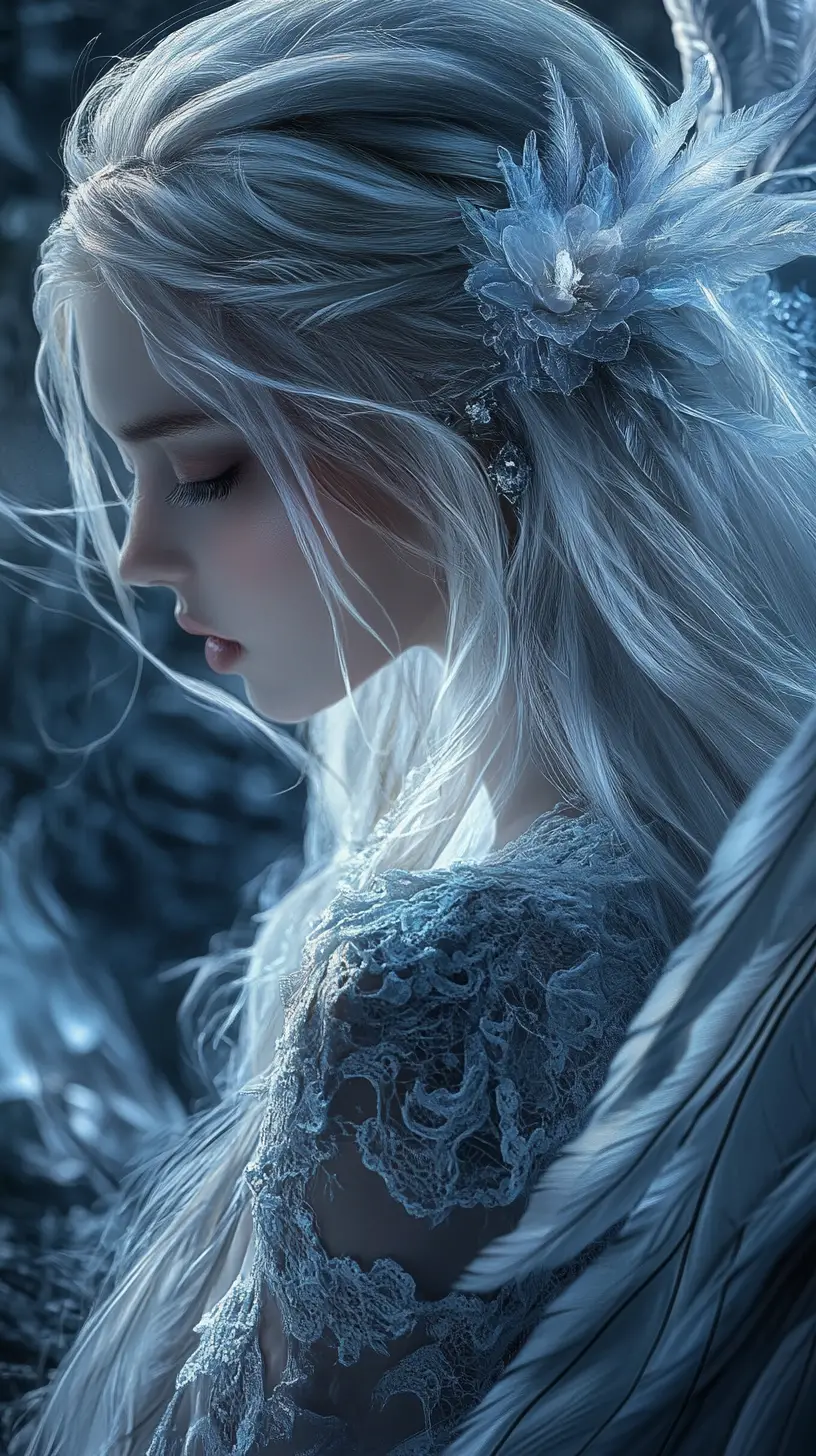 Ethereal angelic woman in a shadowy forest profile