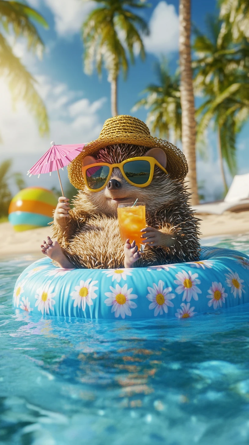 Erizo relajado flotando en la piscina con cóctel de verano