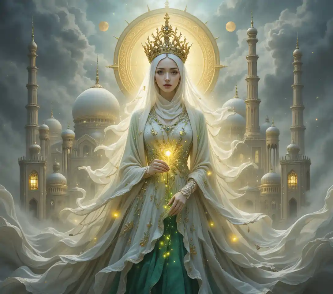 Majestic Muslim queen in white niqab and golden jeweled crown
