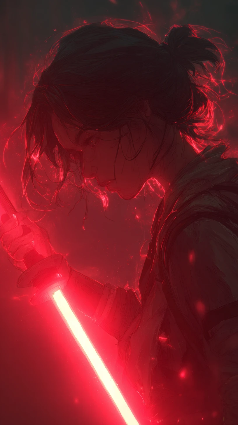 Warrior woman with glowing red katana in dark cavern
