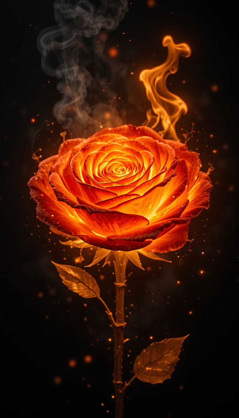 Flaming rose of fire petals floating in black void