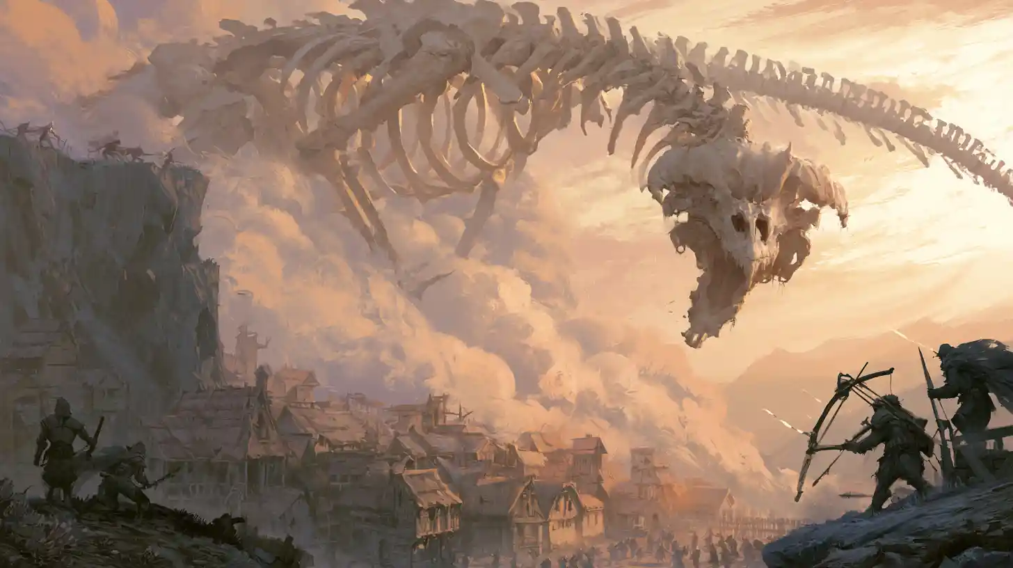 Skeletal bone dragon attacking an ancient fantasy village