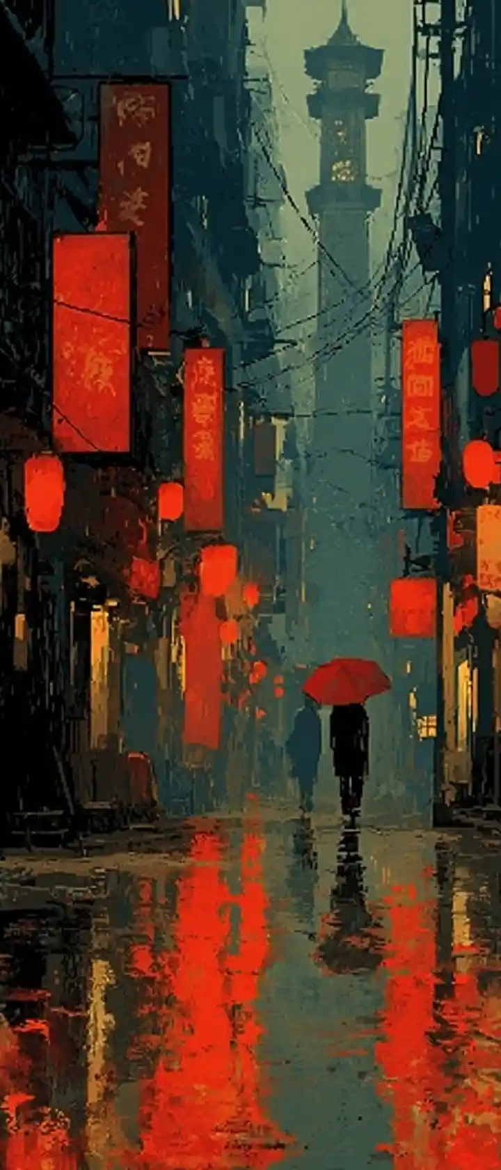 Rain slicked tokyo alley in crimson and black anime style