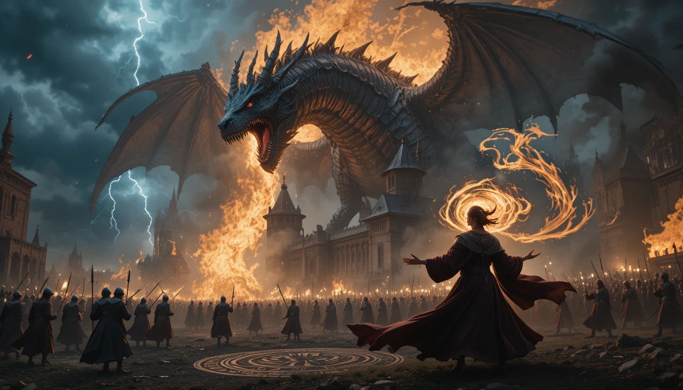 Dragon Assaulting Medieval Castle In Epic Fantasy Battle