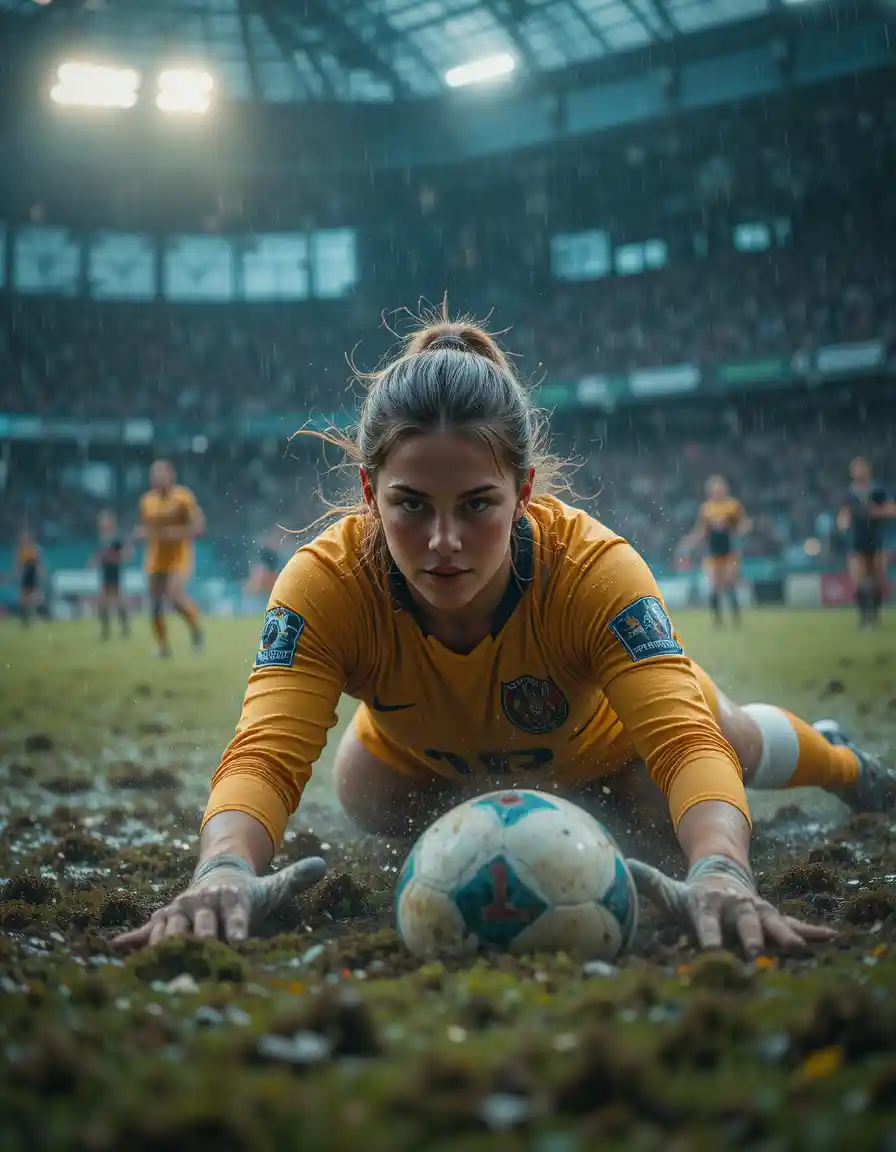 Female goalie diving in the rain to save a decisive goal
